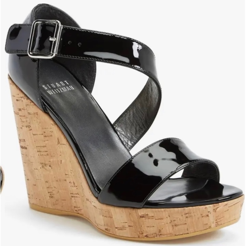 Stuart Weitzman Platform Wedge Size 10 Black Patent
